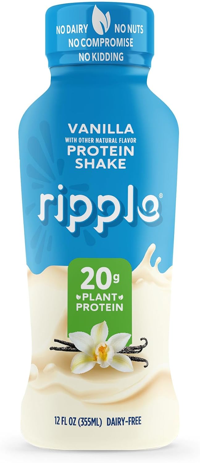 Ripple Vanilla Plant Based Protein Shake | 20g of Quality Sourced Pea Protein, Calcium & Iron Rich | Shelf Stable | Vegan & Non GMO | Dairy, Soy, Nut, & Gluten Free | 12 Fl Oz Bottles (Pack of 12)